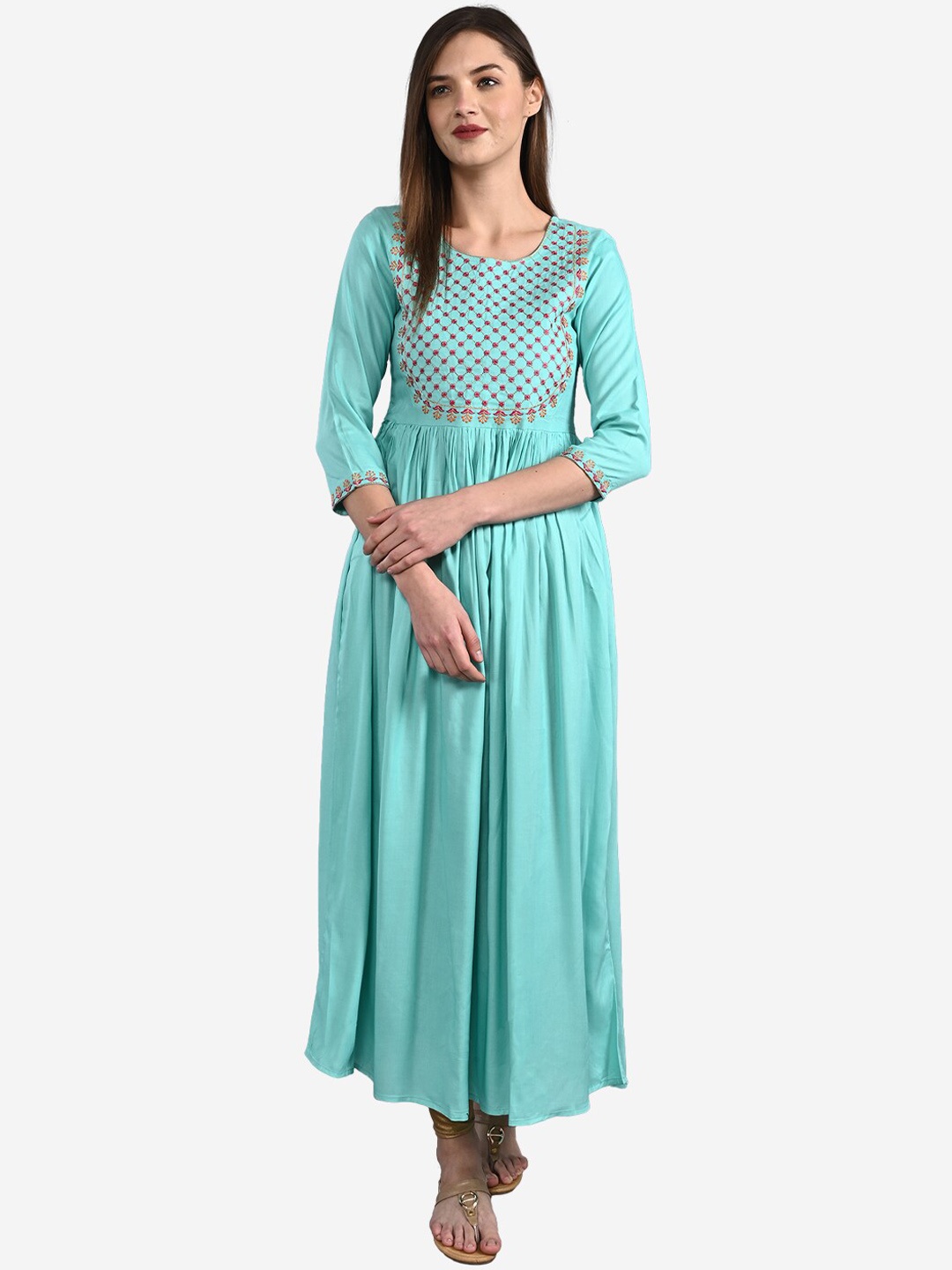 

GULMOHAR JAIPUR Floral Yoke Design Thread Work Floral Anarkali Kurta, Sea green
