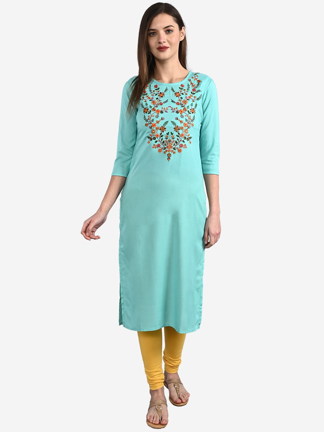 

GULMOHAR JAIPUR Women Floral Yoke Design Mirror Work Kurta, Green