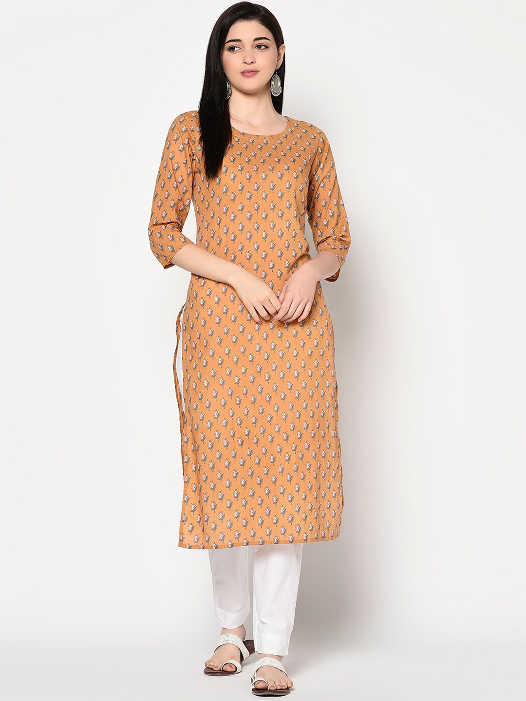 

GULMOHAR JAIPUR Floral Printed Floral Round Neck Cotton Kurta, Beige