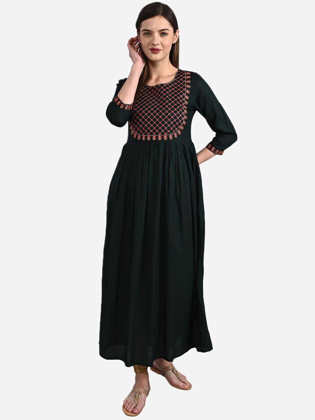 

GULMOHAR JAIPUR Floral Embroidered Thread Work Anarkali Kurta, Green