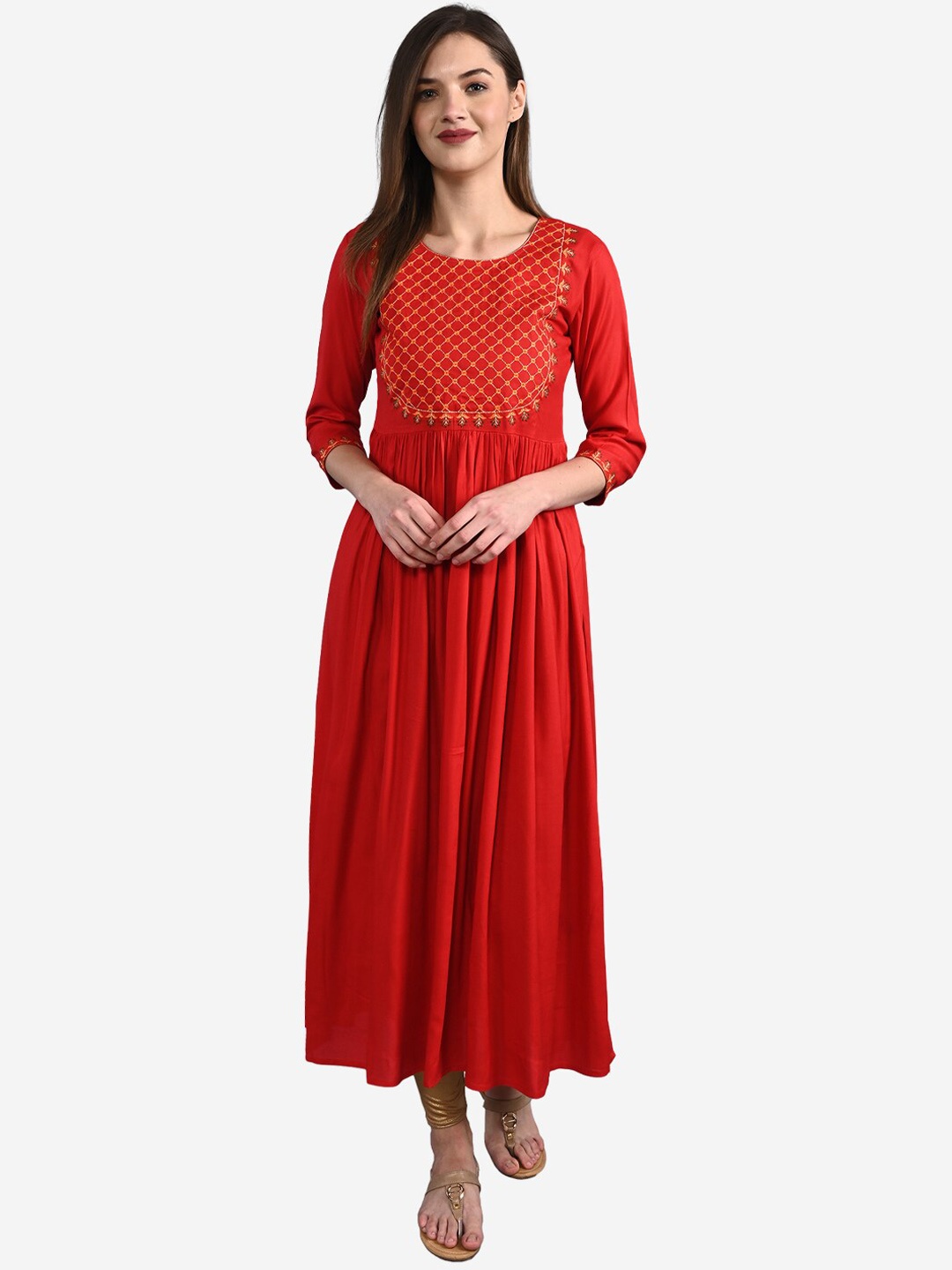 

GULMOHAR JAIPUR Floral Embroidered Thread Work Floral Anarkali Kurta, Red