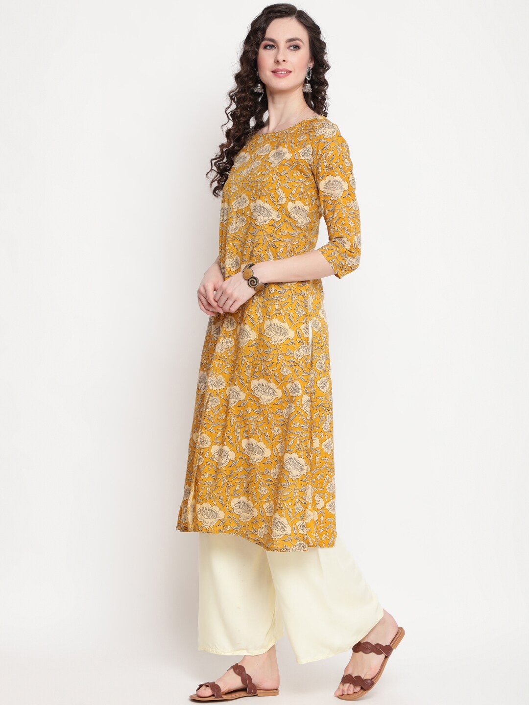 

GULMOHAR JAIPUR Floral Printed A-Line Pure Cotton Kurta, Mustard