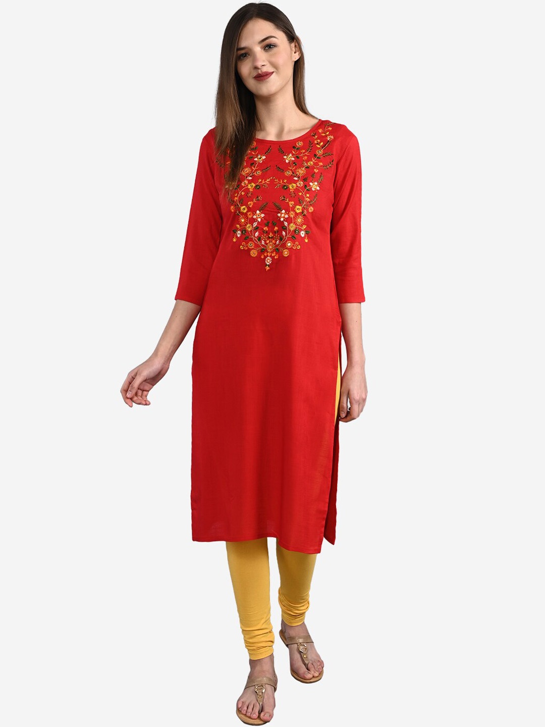 

GULMOHAR JAIPUR Floral Embroidered Thread Work Kurta, Red