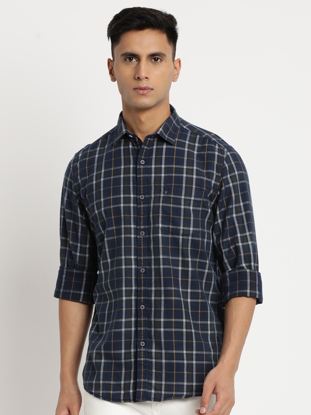 

Turtle Men Relaxed Slim Fit Tartan Checks Casual Shirt, Navy blue