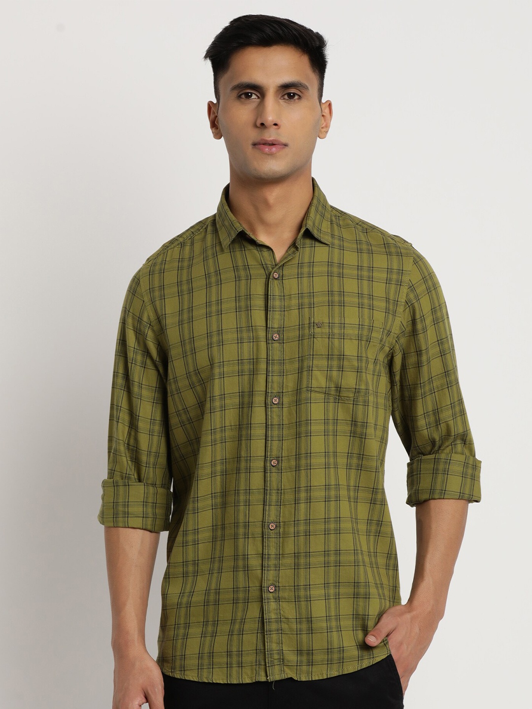 

Turtle Men Navy Tartan Checked Cotton Relaxed Slim Fit Casual Shirt, Green