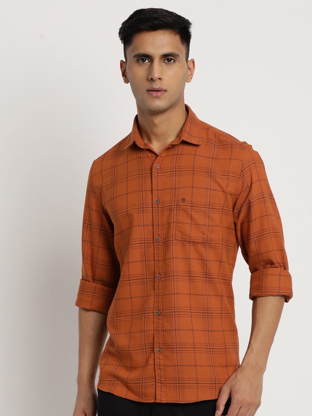 

Turtle Relaxed Slim Fit Tartan Checked Cotton Casual Shirt, Rust
