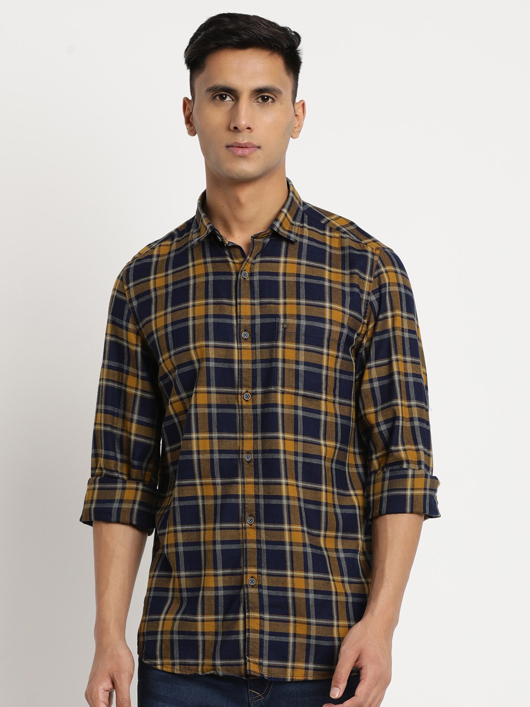 

Turtle Men Relaxed Slim Fit Tartan Checks Checked Casual Shirt, Navy blue