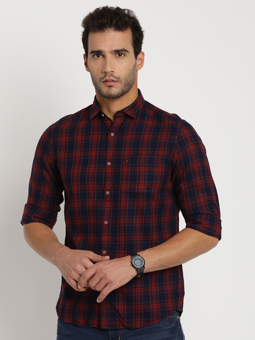 

Turtle Men Relaxed Slim Fit Tartan Checked Cotton Casual Shirt, Red