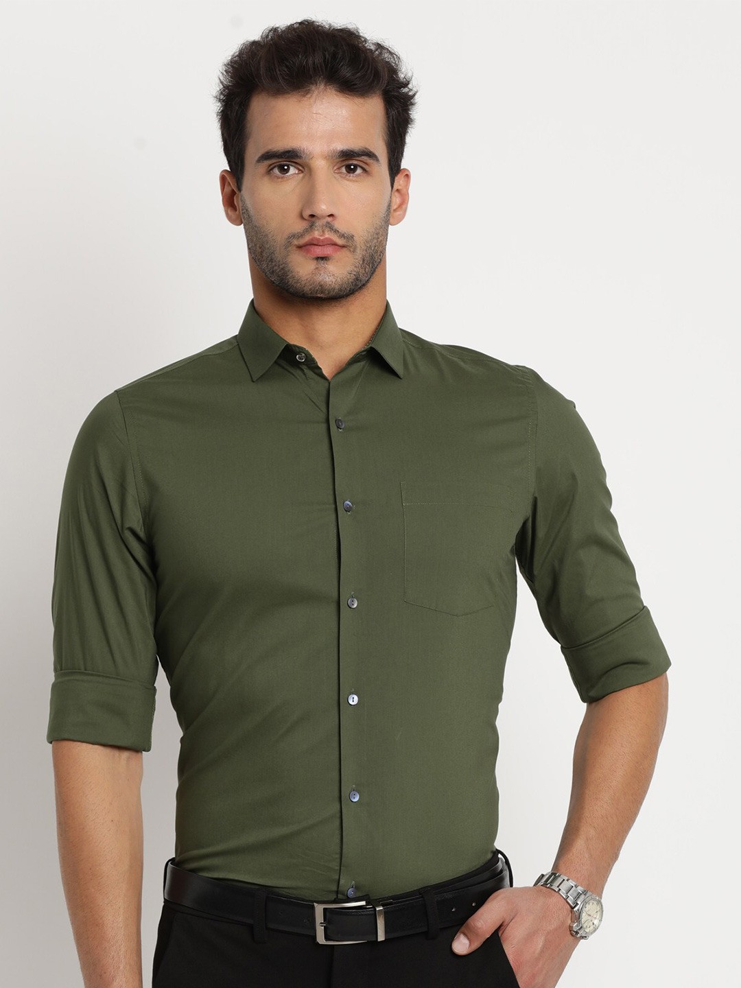 

Turtle Men Premium Slim Fit Cotton Formal Shirt, Olive