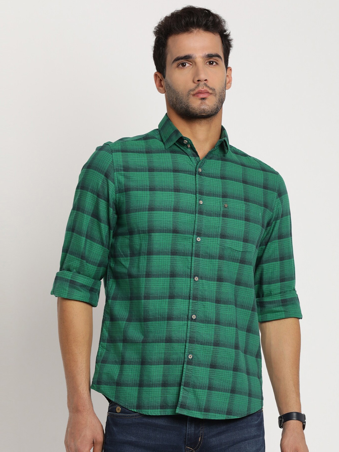 

Turtle Men Relaxed Slim Fit Checked Cotton Casual Shirt, Green