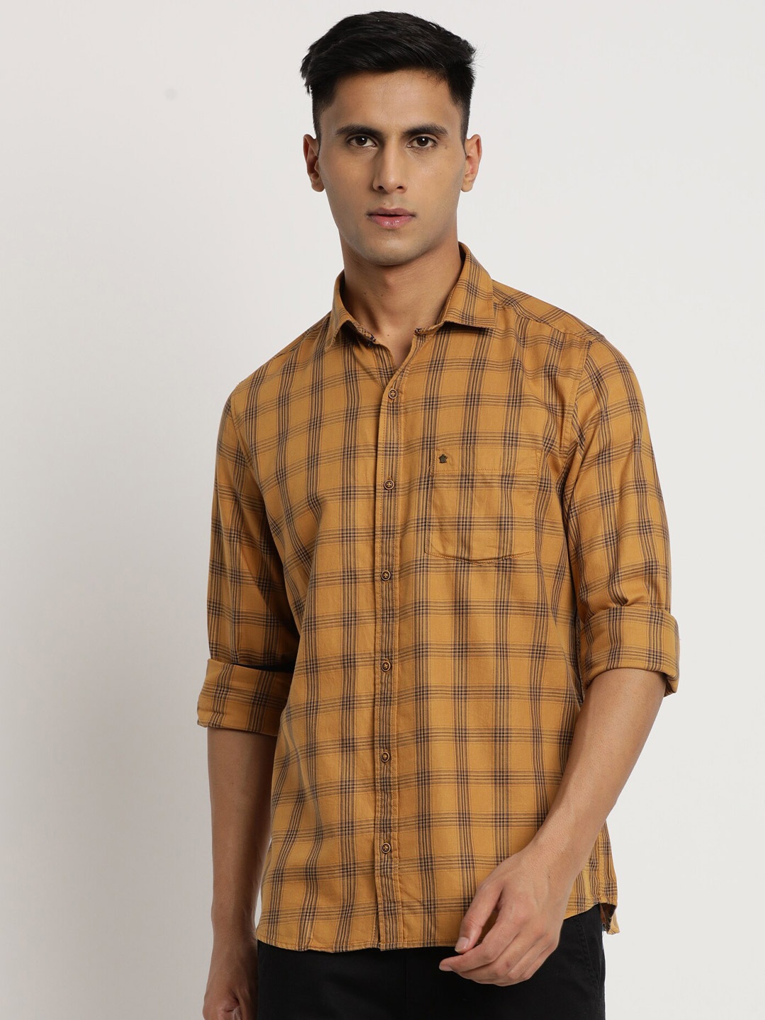 

Turtle Men Relaxed Slim Fit Tartan Checked Cotton Casual Shirt, Khaki