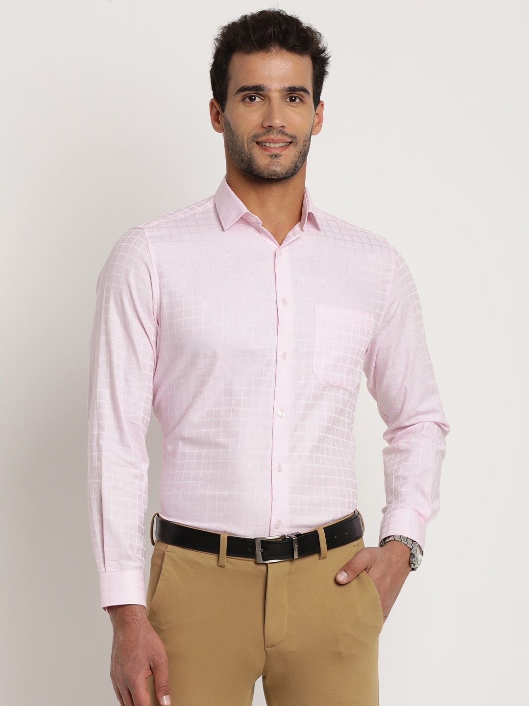 

Turtle Men Grid Tattersall Checked Cotton Formal Shirt, Pink