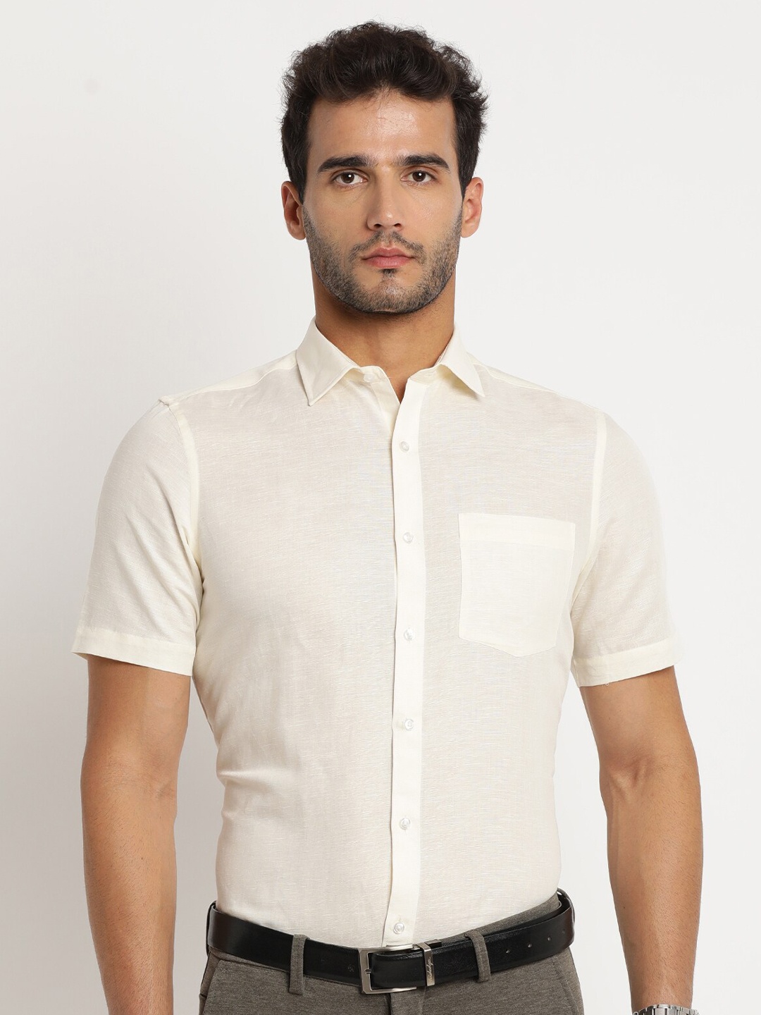 

Turtle Men Cotton Linen Formal Shirt, White