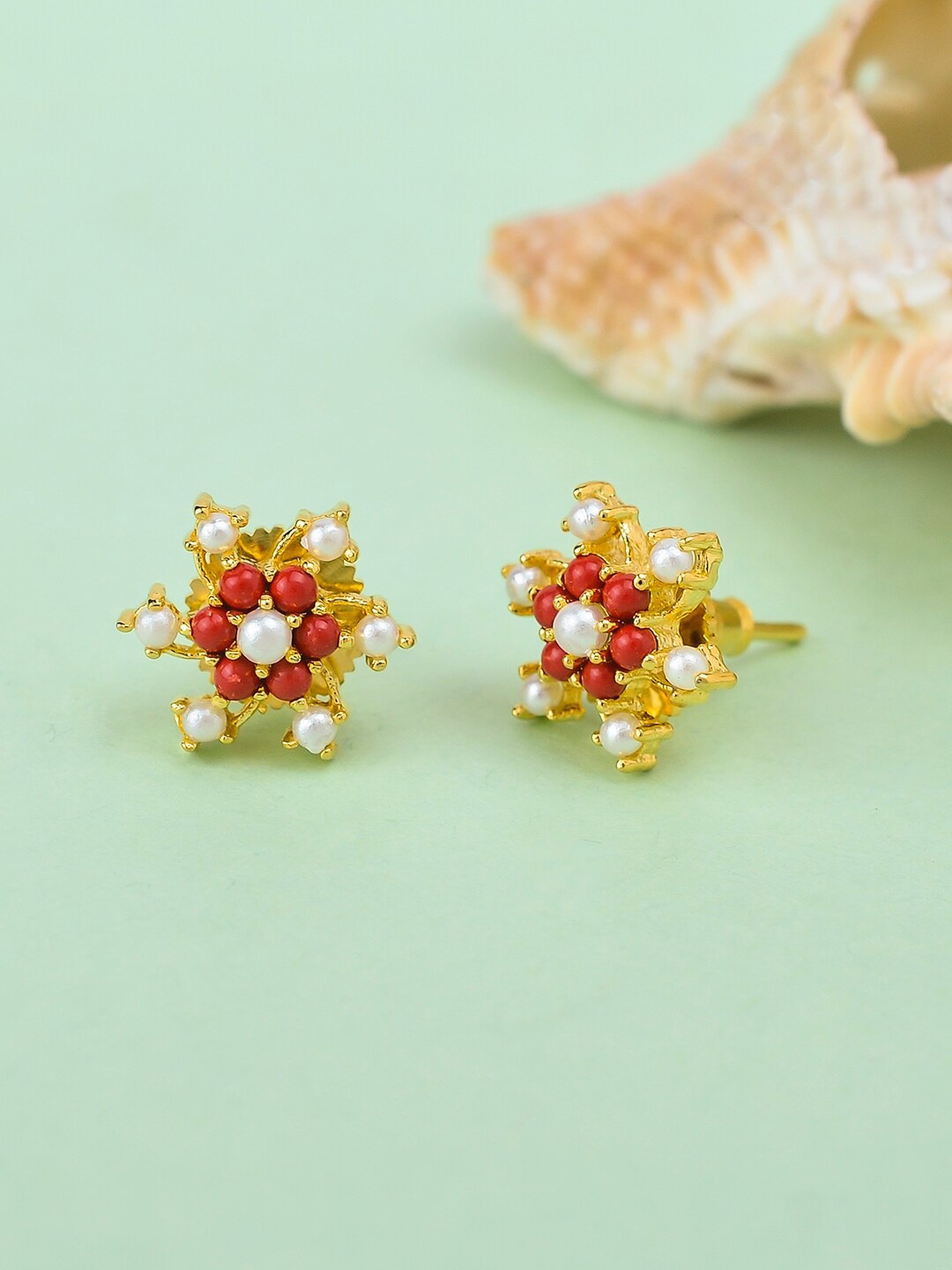 

Voylla Gold-Toned & Red Floral Studs Earrings