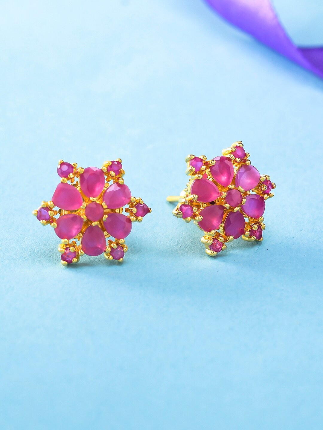 

Voylla Gold-Toned & Pink Floral Studs Earrings