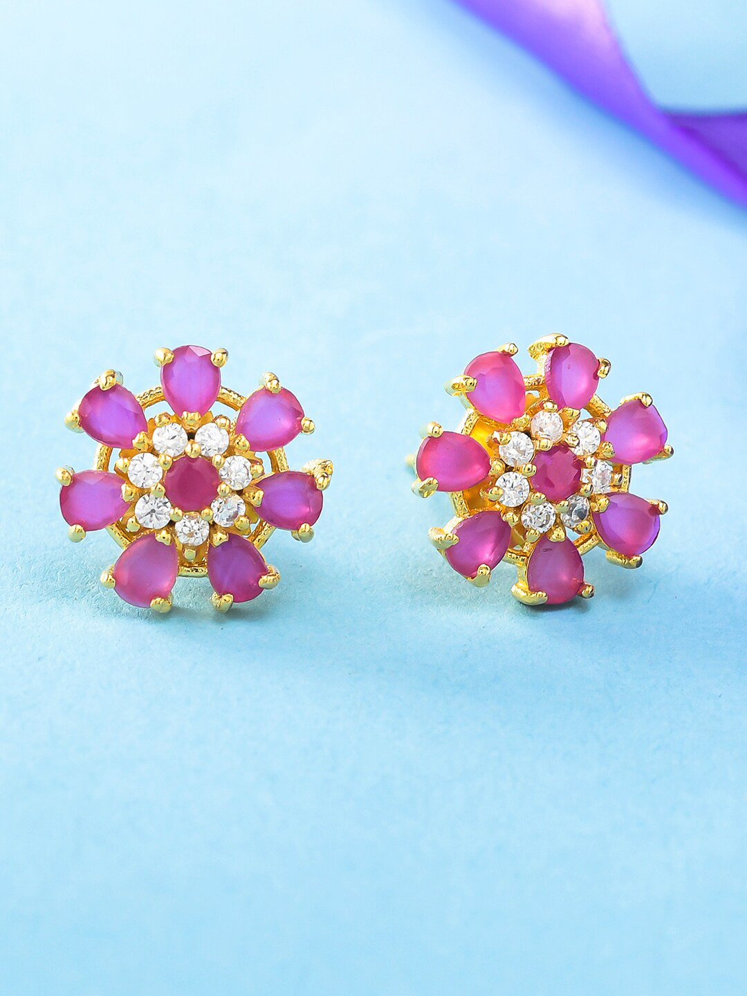 

Voylla Gold-Toned & Pink Floral Studs Earrings
