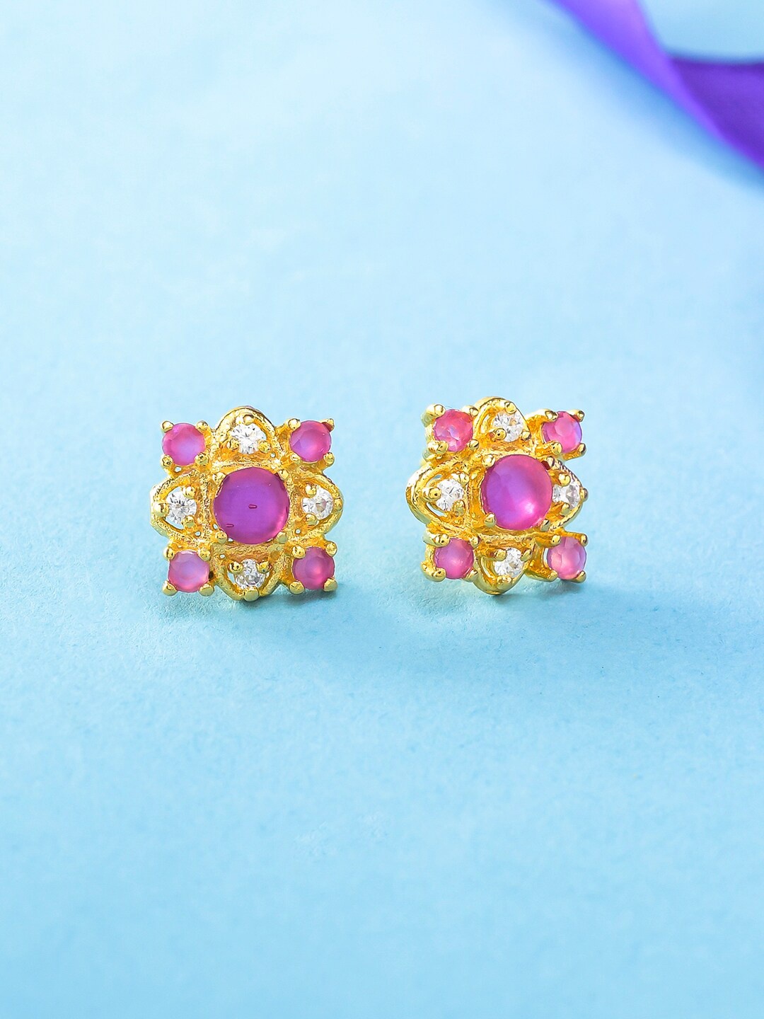 

Voylla Gold-Toned & Pink Floral Studs Earrings