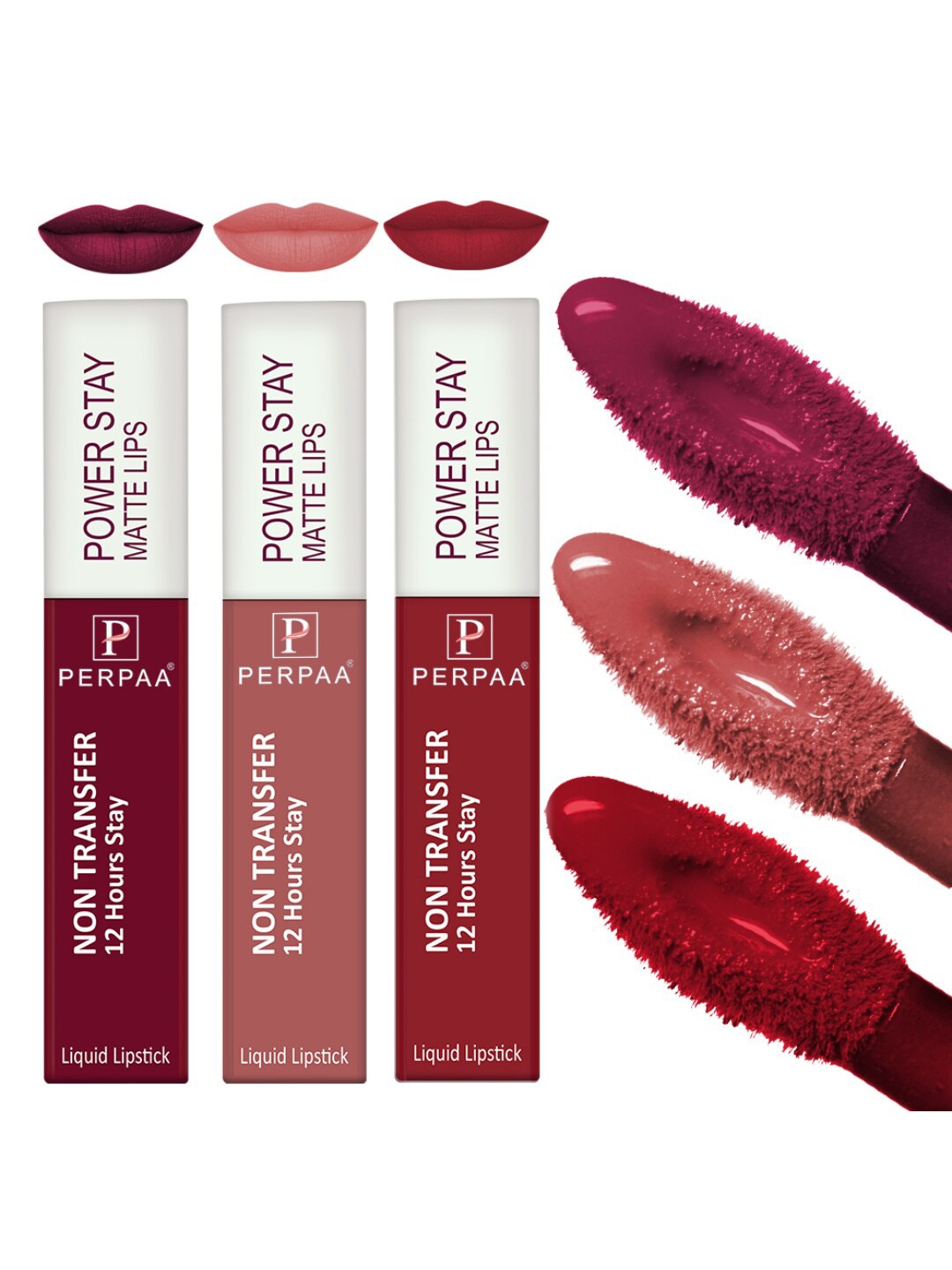 

PERPAA Set of 3 Power Stay Non-Transfer & Long-Lasting Velvet Matte Liquid Lipstick 5 g-Maroon 09 - Nude 21 - Red 22
