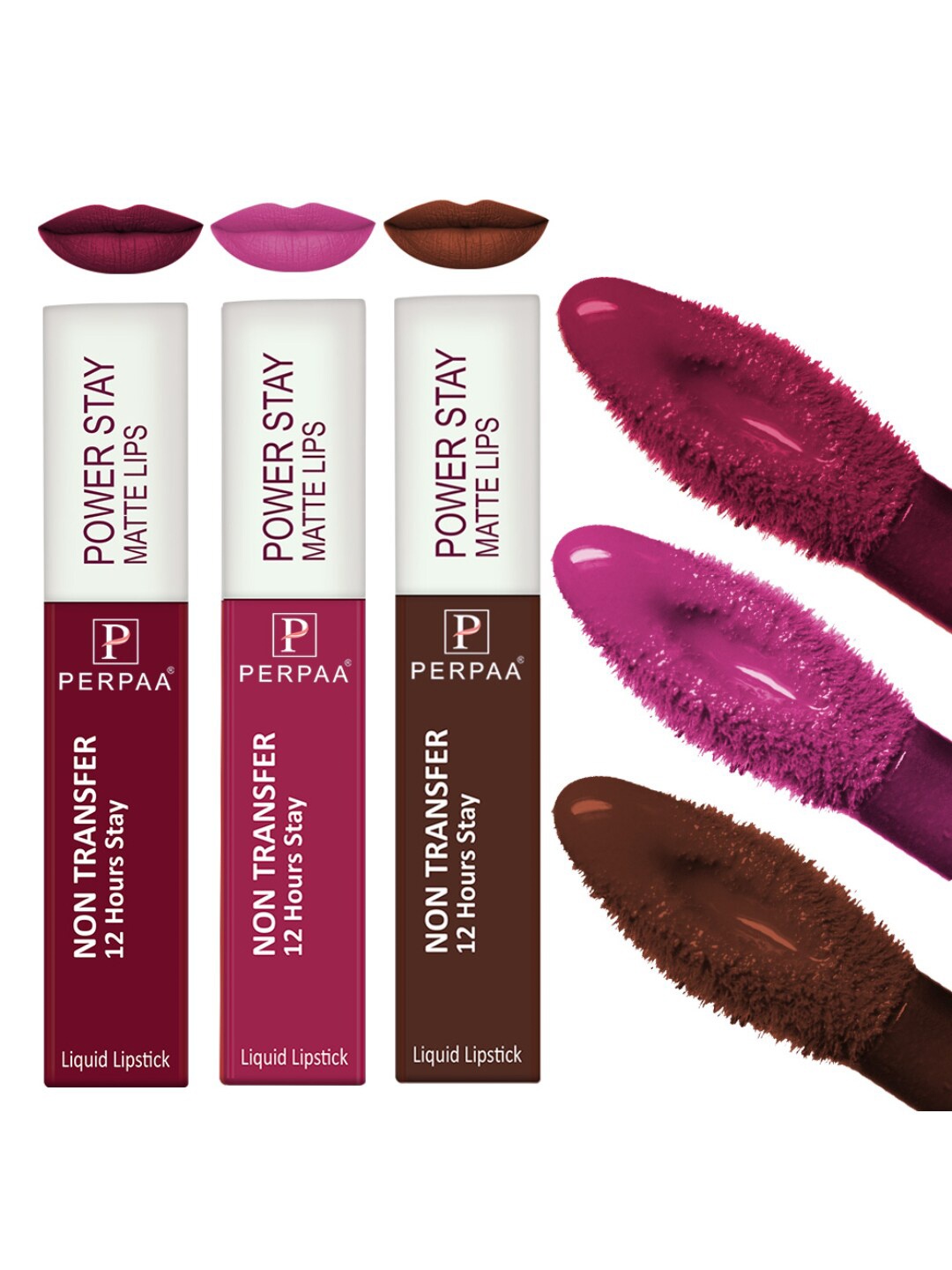 

PERPAA Set of 3 Power Stay Non-Transfer & Long-Lasting Velvet Matte Liquid Lipstick 5 g-Maroon 09 - Pink 10 - Brown 16