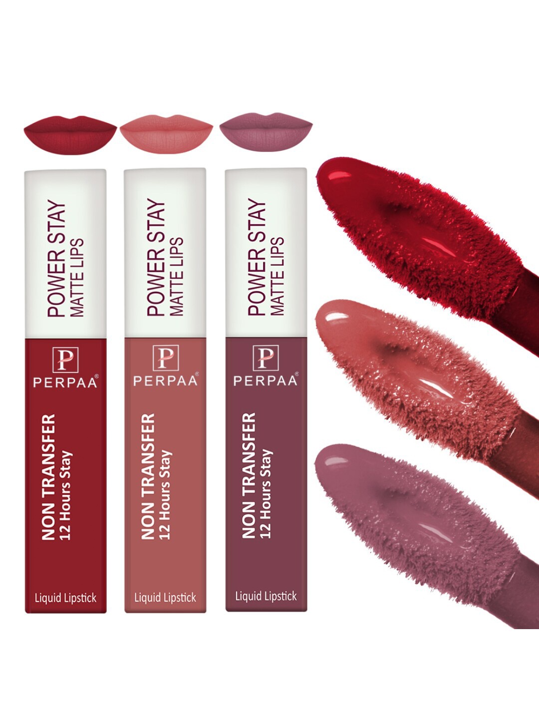 

PERPAA Set of 3 Power Stay Non-Transfer & Long-Lasting Velvet Matte Liquid Lipstick 5 g-Mauve 23 - Nude 21 - Red 22