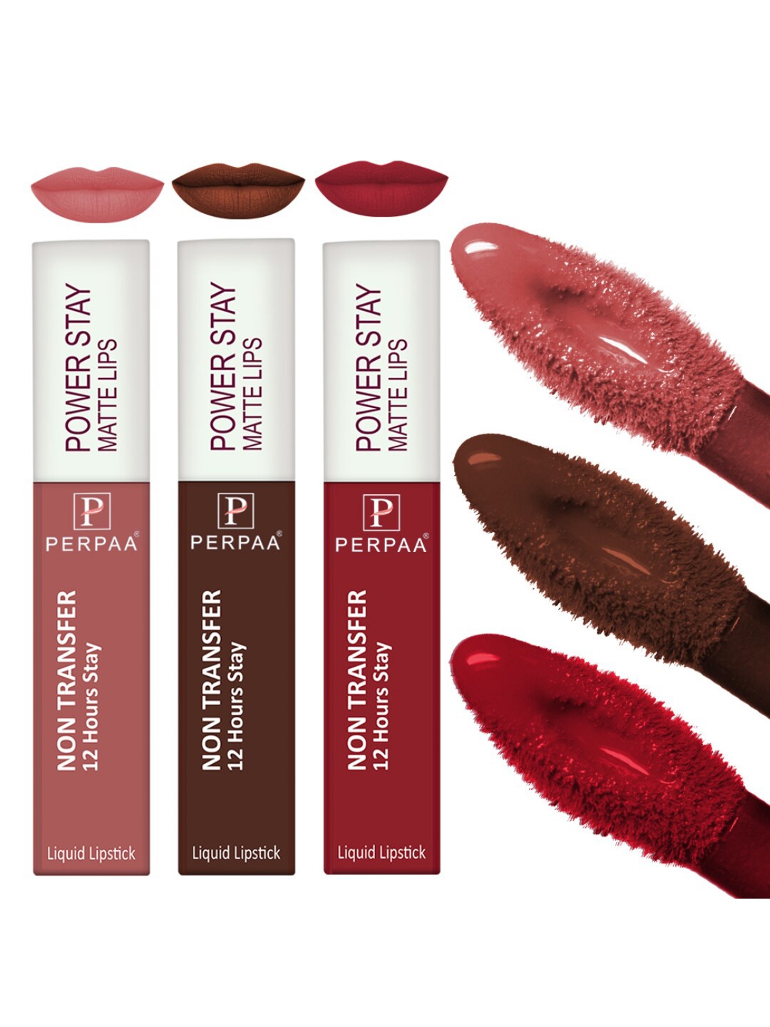 

PERPAA Power Stay Set Of 3 Non-Transfer 12Hours Stay Liquid Matte Lipstick - 4 ml Each, Brown