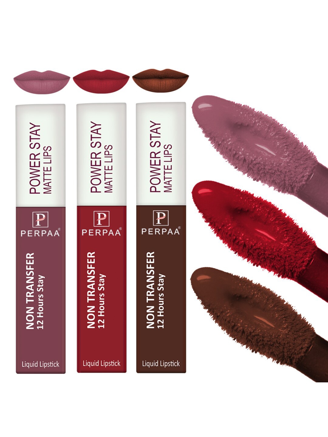 

PERPAA Powerstay Set Of 3 Liquid Matte Non-Transfer Lipstick - 4ml Each, Brown