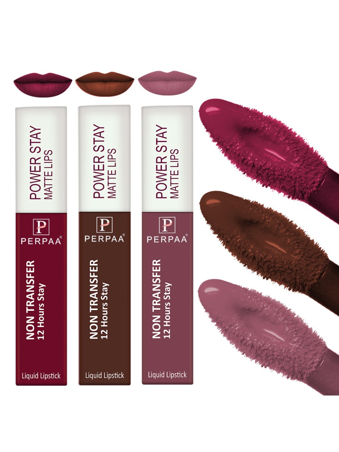 

PERPAA Power Stay Set Of 3 Non-Transfer 12Hours Stay Liquid Matte Lipstick - 4 ml Each, Maroon