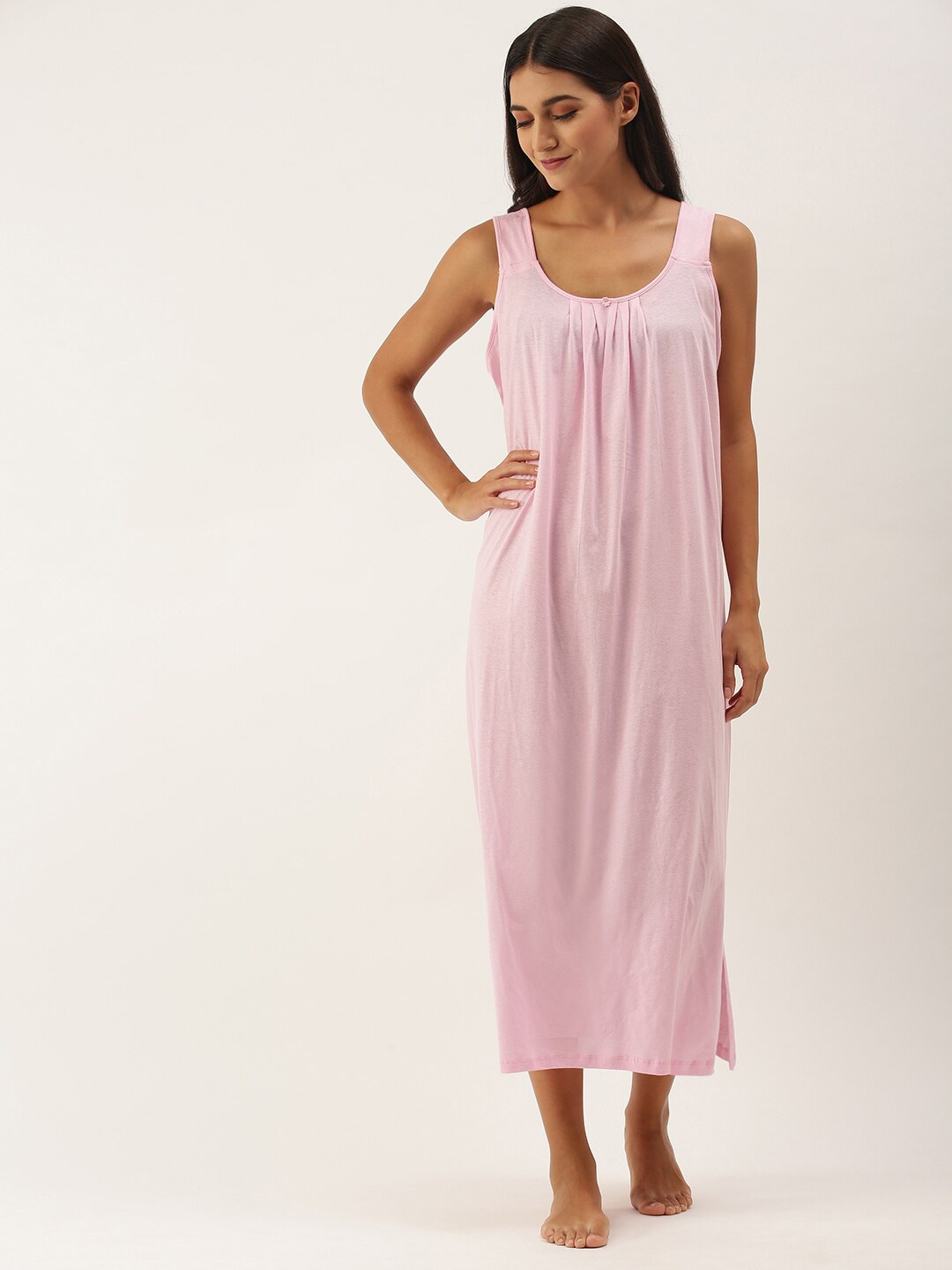

RedRose Women Pure Cotton Midi Nightdress, Pink