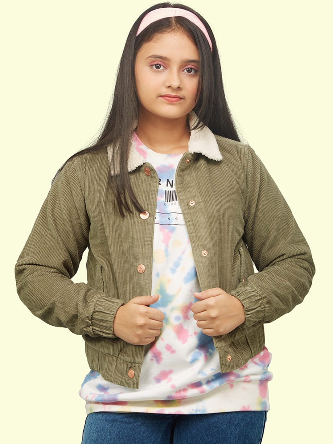 

Zalio Girls Olive Green Corduroy Crop Quilted Jacket