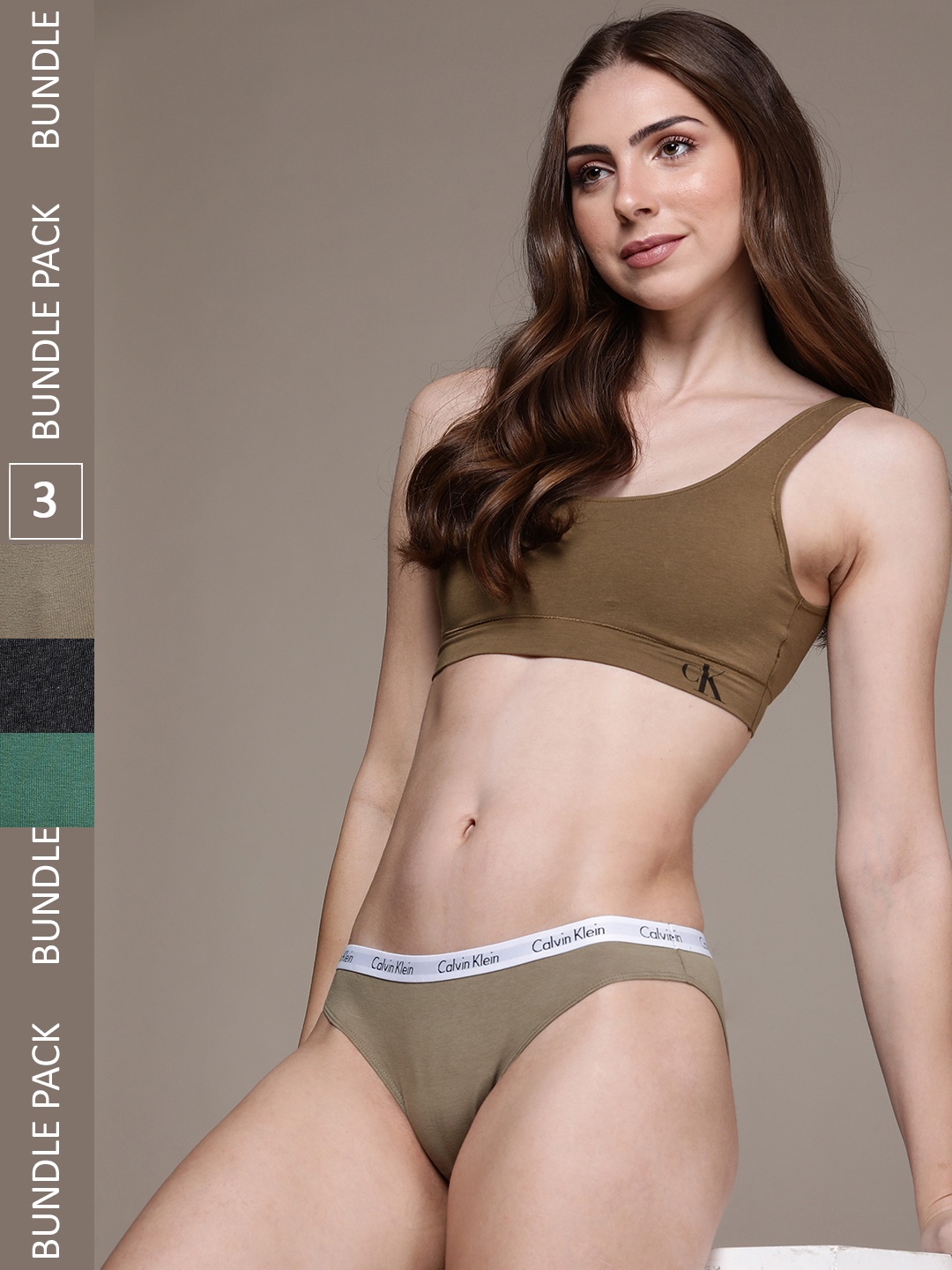 

Calvin Klein Underwear Women Pack of 3 Mid-Rise Bikini Briefs QD3588BNY, Olive