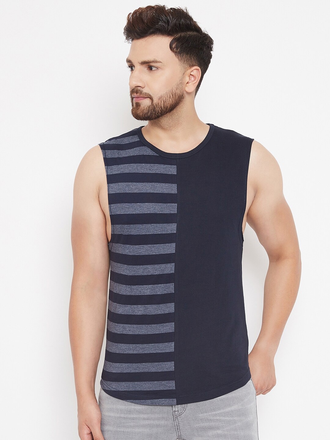 

Hypernation Striped Round Neck Cotton T-shirt, Blue