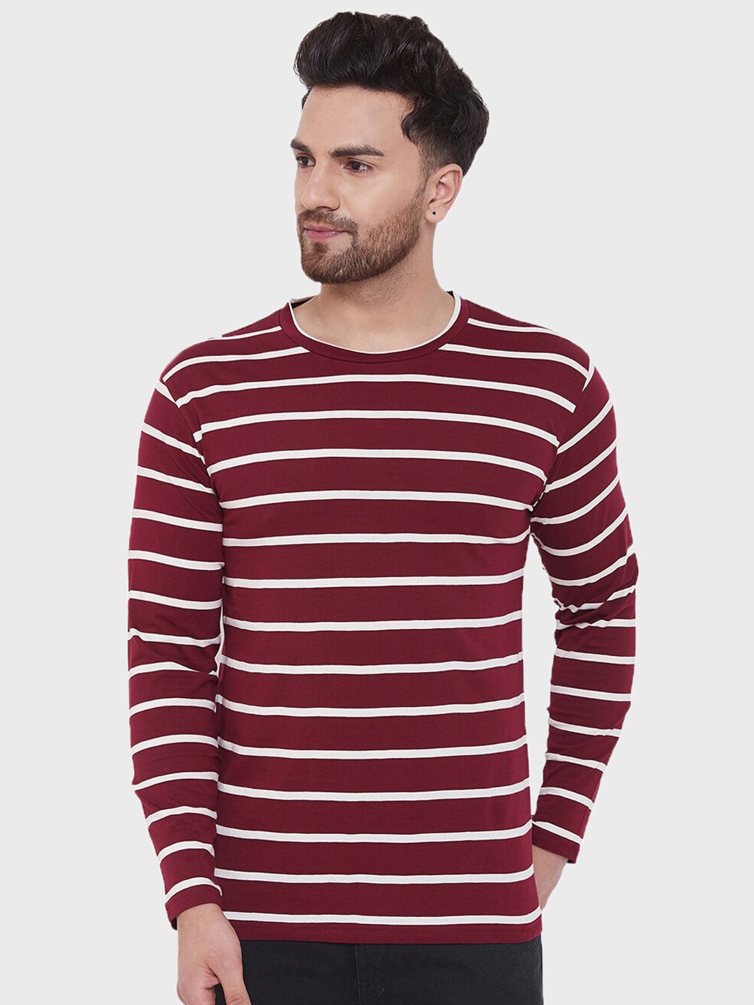 

Hypernation Striped Round Neck Cotton T-shirt, Maroon