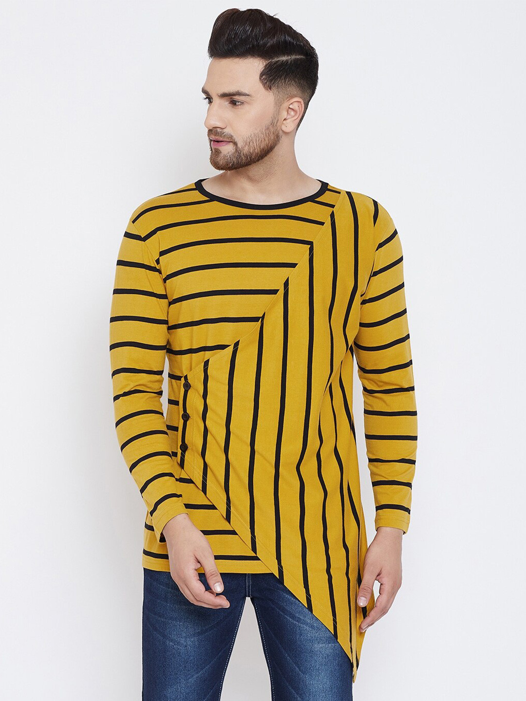 

Hypernation Men Striped Pure Cotton T-shirt, Yellow