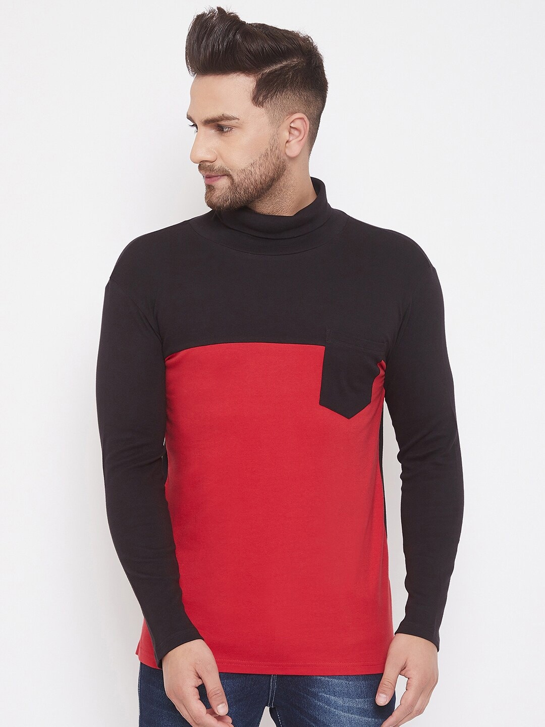 

Hypernation Men Colourblocked High Neck Slim Fit Pure Cotton T-shirt, Red