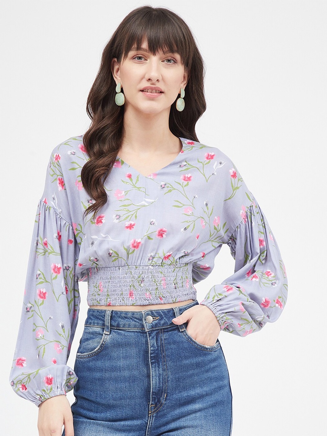 

Kibo Floral Print Cinched Waist Crop Top, Grey