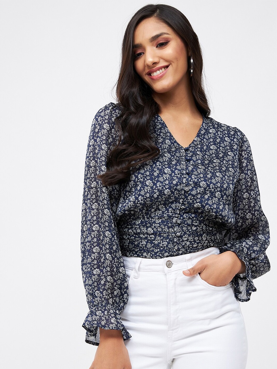

Kibo Floral Print Chiffon Blouson Top, Navy blue
