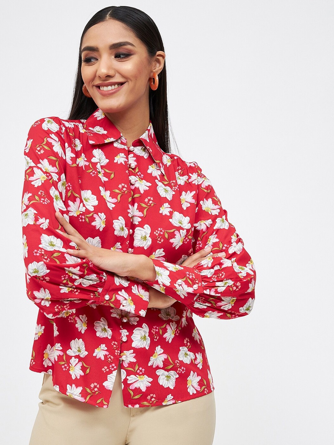 

Kibo Floral Print Crepe Shirt Style Top, Red