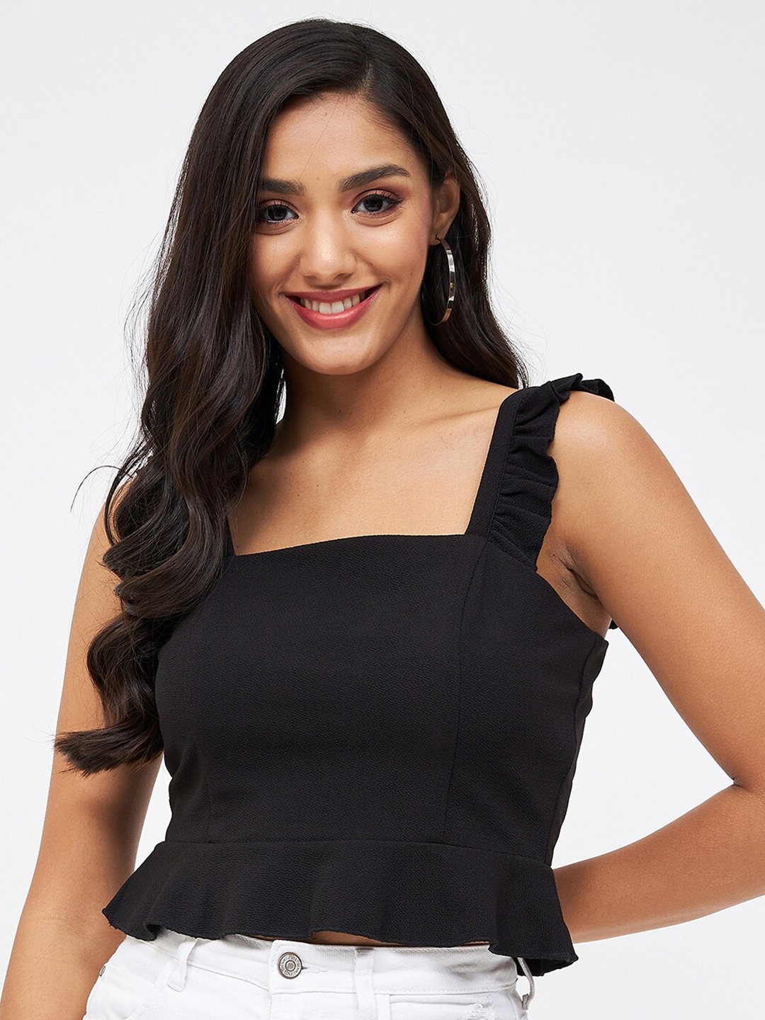 

Kibo Shoulder Strap Fitted Crop Top, Black