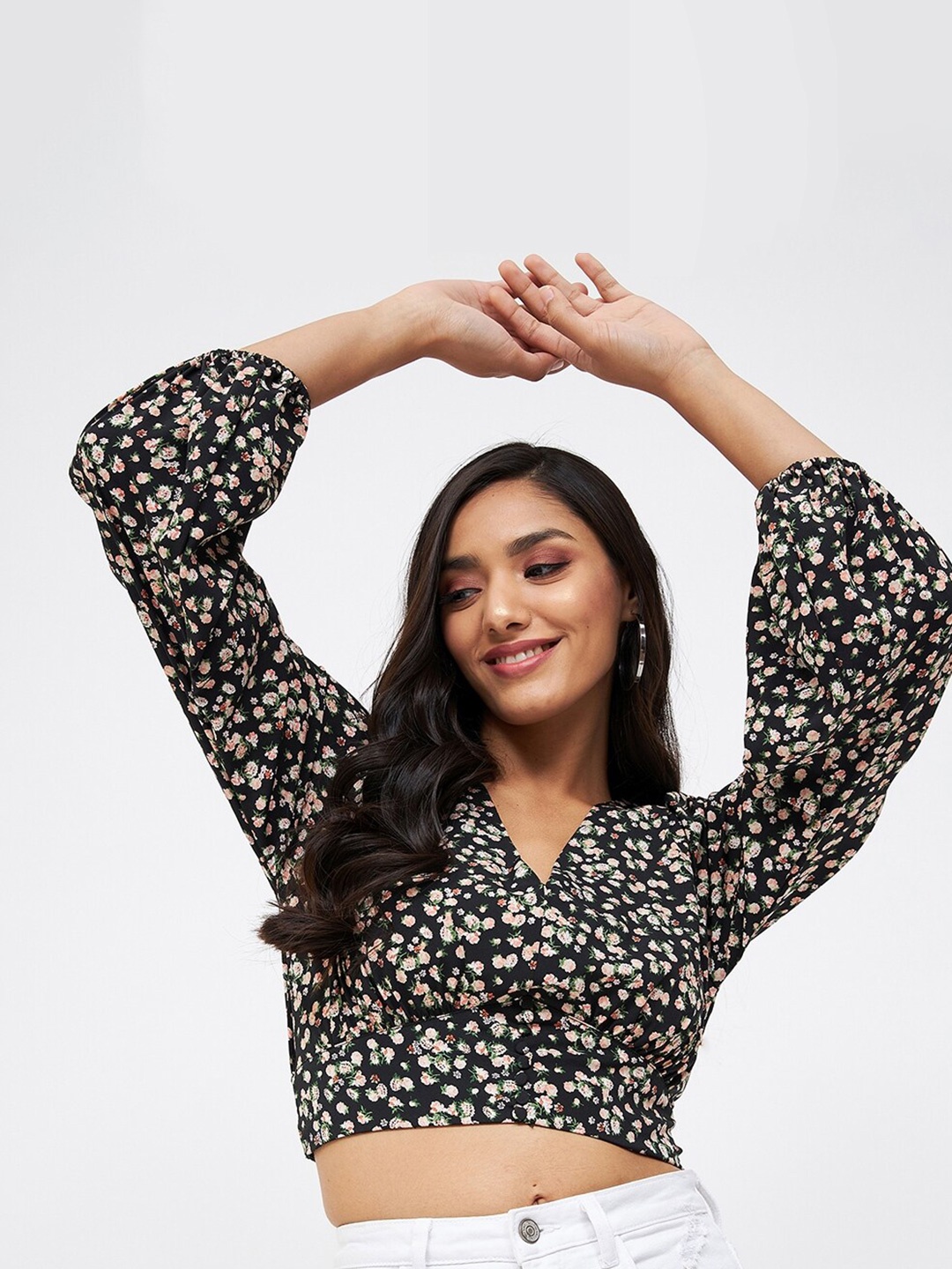 

Kibo Floral Print Crepe Crop Top, Black