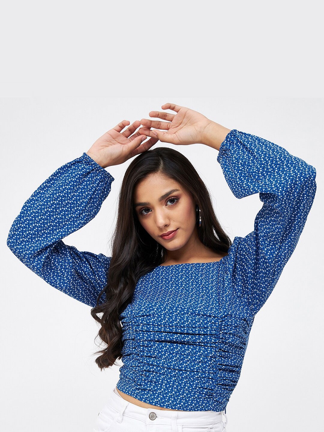 

Kibo Floral Print Crepe Cinched Waist Crop Top, Blue