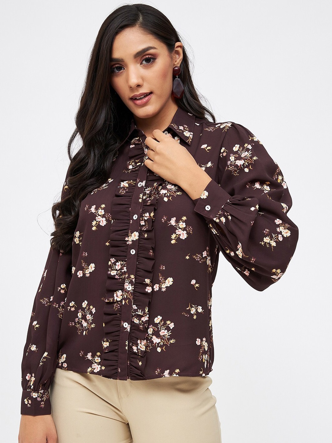 

Kibo Floral Print Crepe Shirt Style Top, Brown