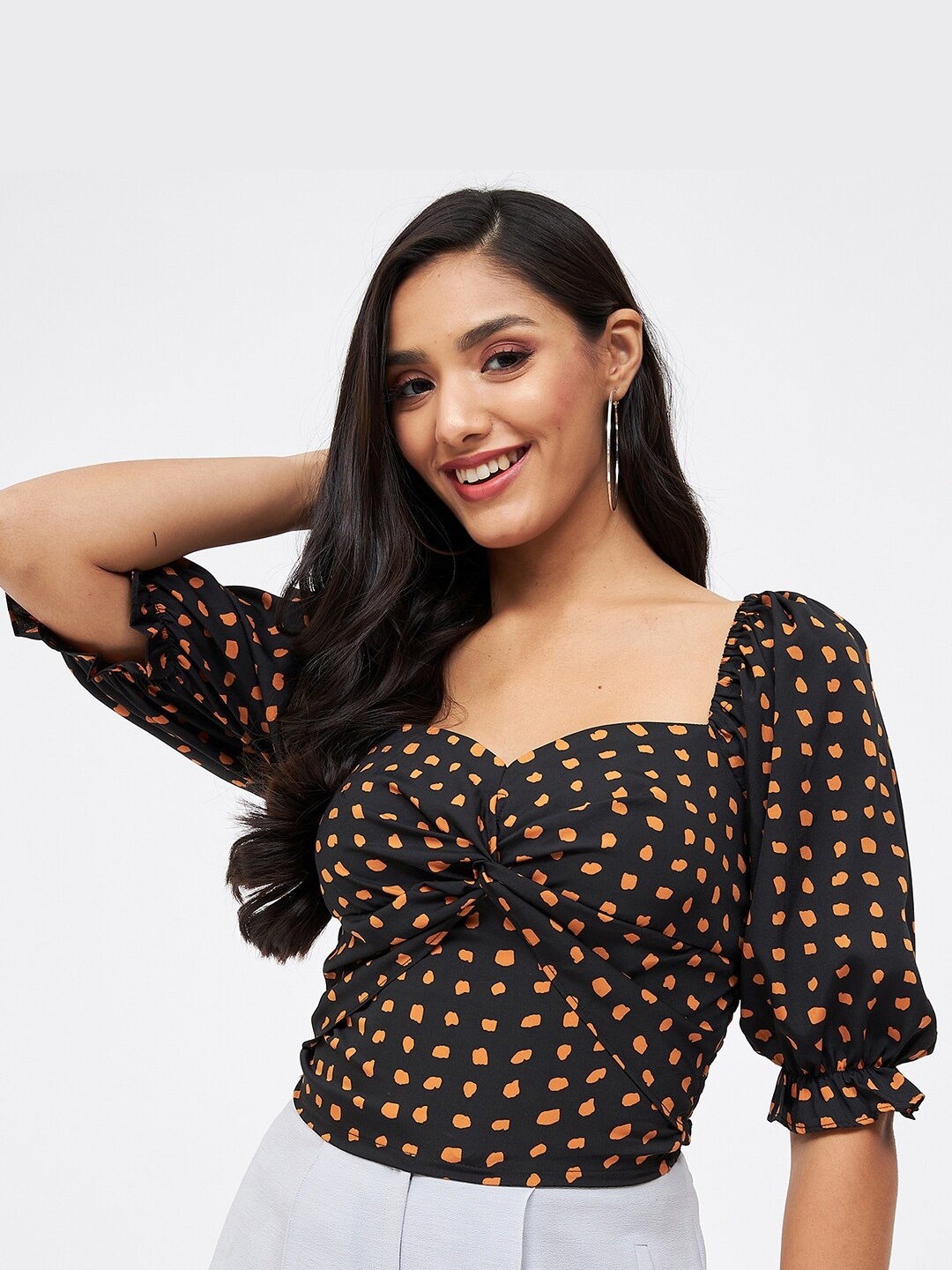 

Kibo Floral Print Sweetheart Neck Crepe Top, Black