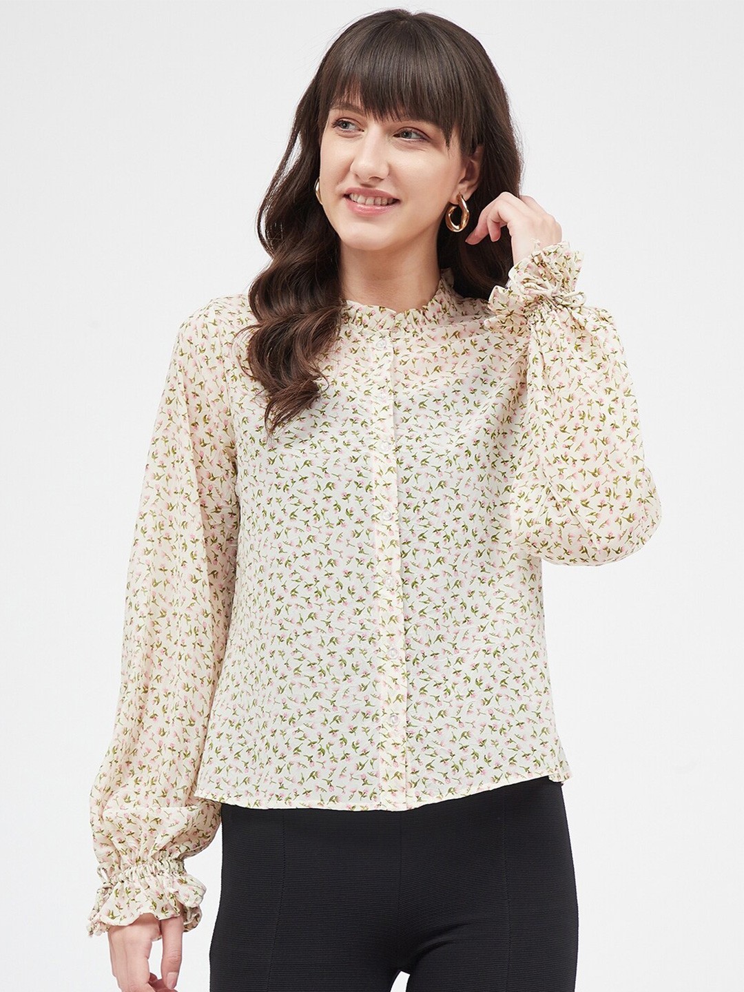 

Kibo Floral Print Mandarin Collar Georgette Shirt Style Top, Beige