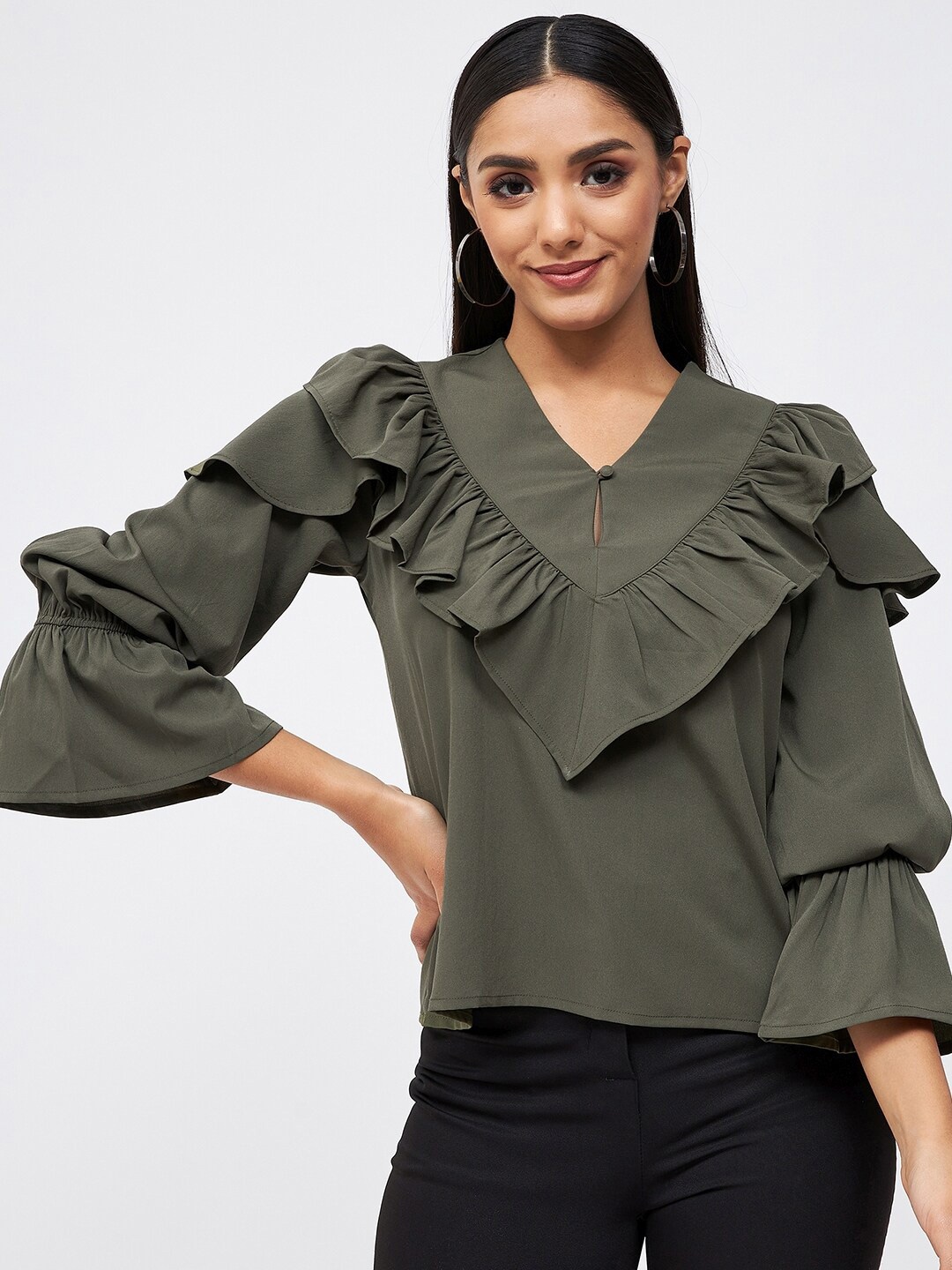 

Kibo Women Ruffles Crepe Top, Olive