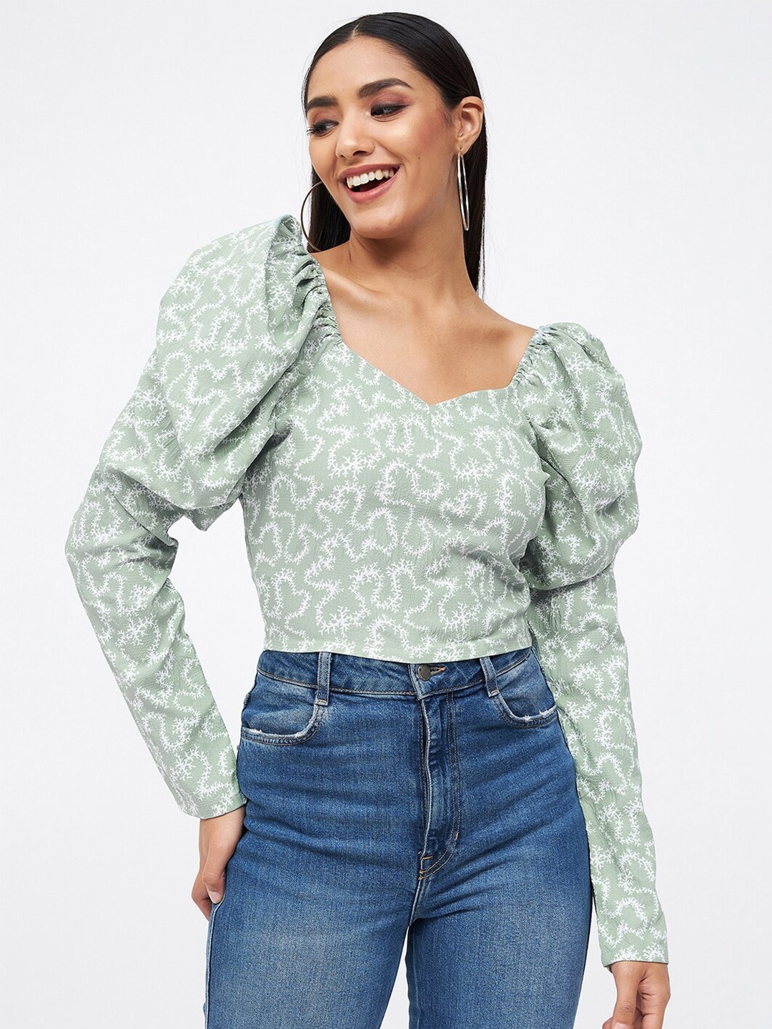 

Kibo Green Women Floral Printed Sweetheart Neck Crepe Crop Top