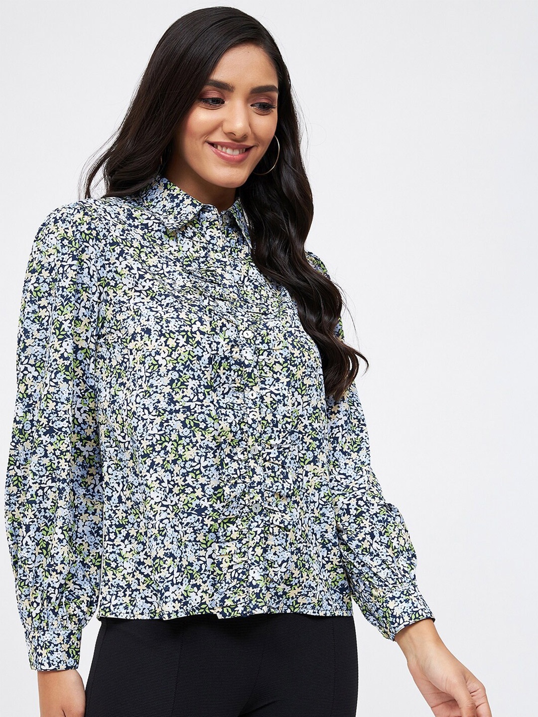 

Kibo Women Floral Printed Crepe Top, Navy blue