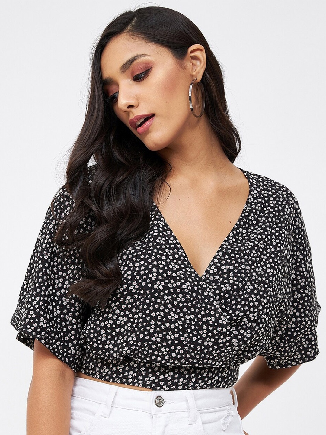 

Kibo Women Floral Printed Georgette Wrap Crop Top, Black