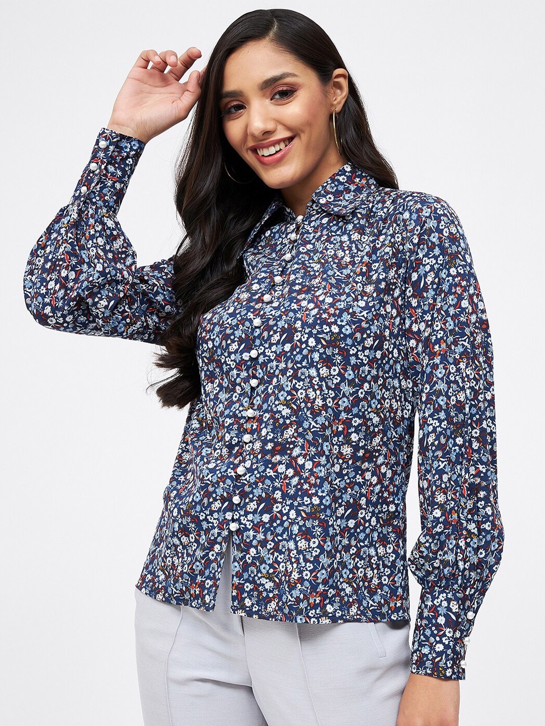 

Kibo Floral Print Crepe Shirt Style Top, Navy blue