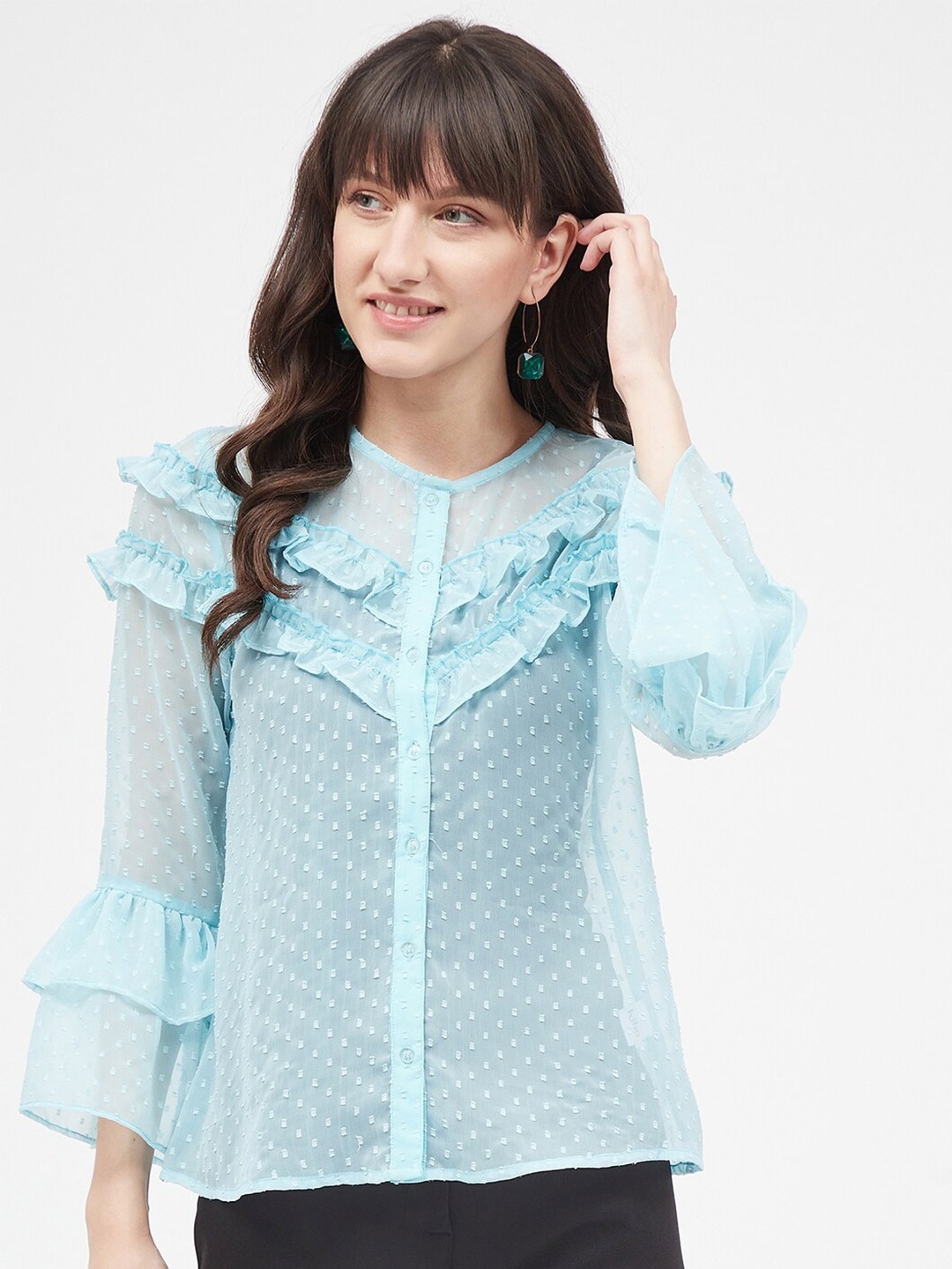 

Kibo Round Collar Ruffled Chiffon Shirt Style Top, Blue