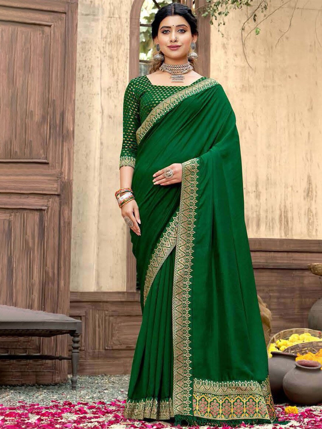 

SHAIBO SAREE Zari Silk Cotton Saree, Green